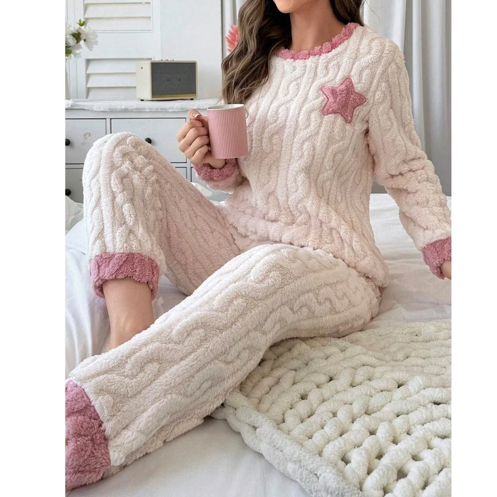 Cozy Teddy Textured Color Block Pajamas Lounge Set - Picture 5 of 8